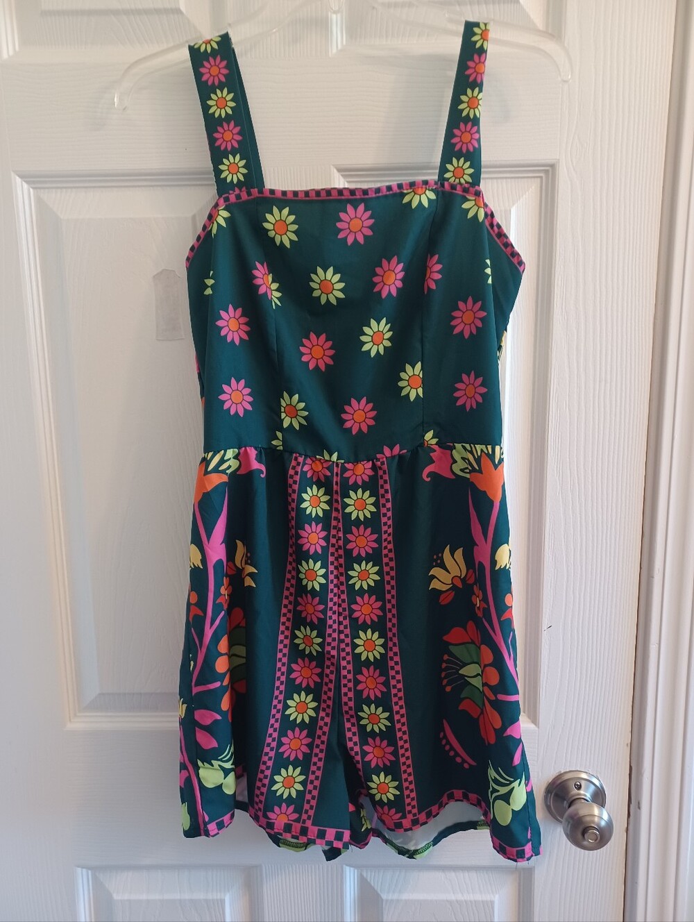 Teal Romper Shorts with Pink & Yellow Floral All Over Print Sleeveless Fun
